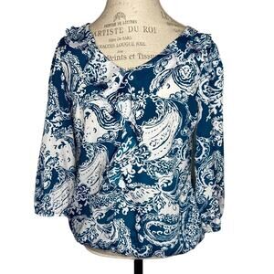 New York & Company Teal & White Paisley Print Blouse Women's Size Small